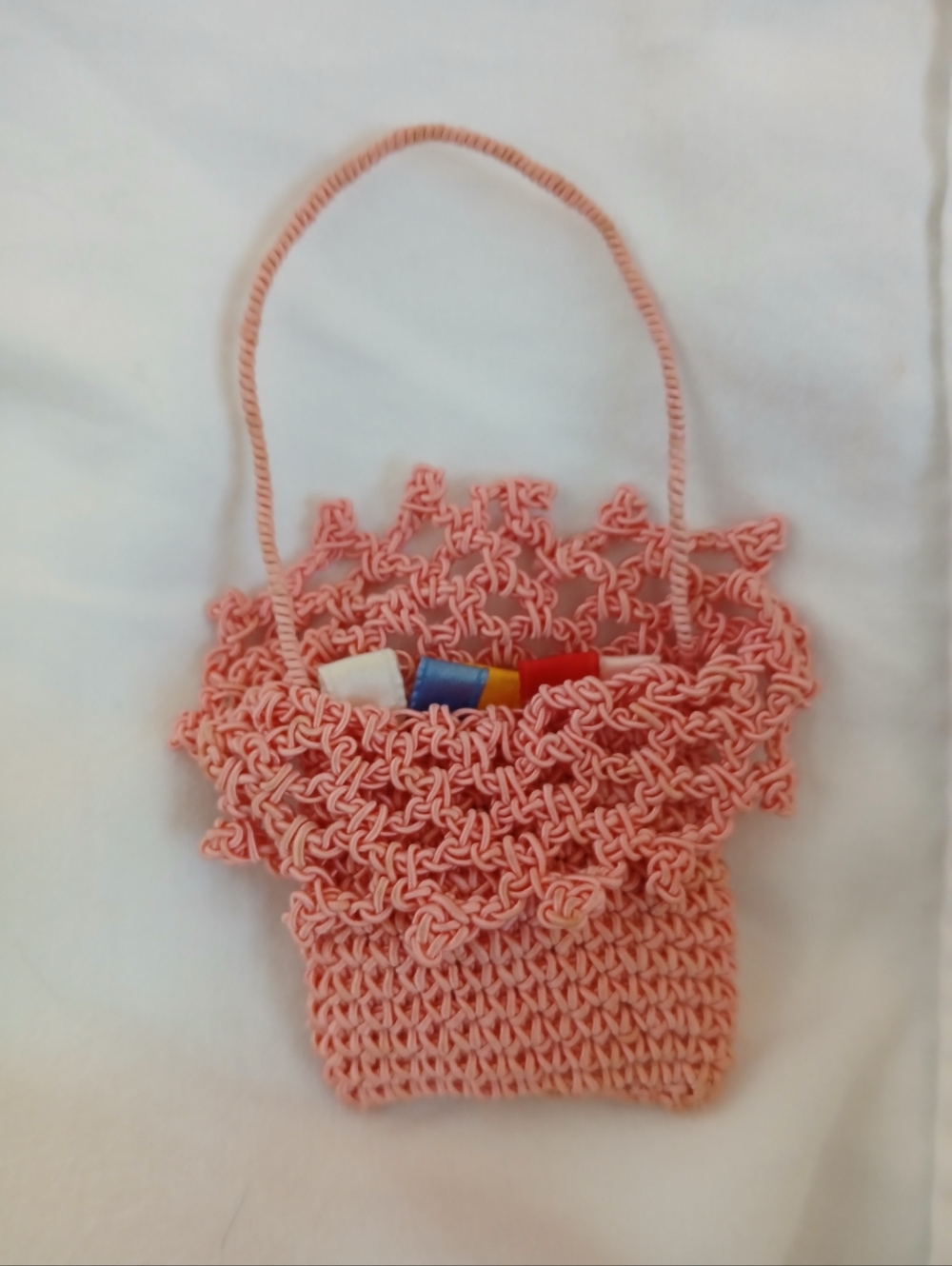 Antique Crochet Tiny 4" Tall Pin Cushion Basket Ribbon Grass For Pins
